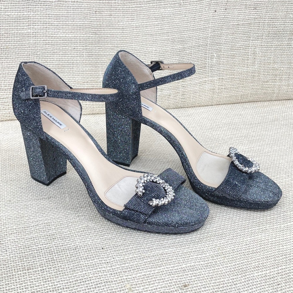 Alex Marie Navy Blue Shimmer Rhinestone Buckle Block Heel Sandals Womens 11M‎